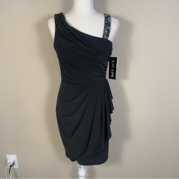 XSCAPE Ruched Beaded Embellished Mini Little Black Dress - Picture 14 of 15